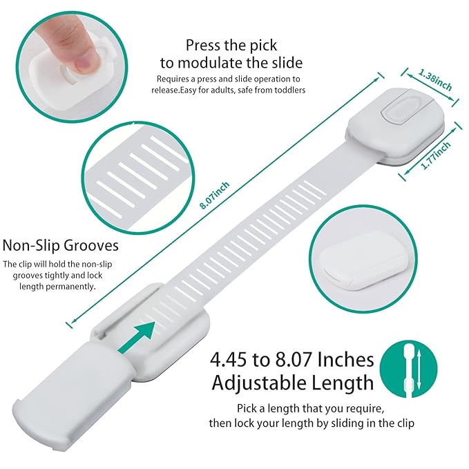 6 Pack Vmaisi Multi-Use Adhesive Straps Locks - Childproofing Baby Proofing Cabinet Latches for Drawers, Fridge, Dishwasher, Toilet Seat, Cupboard, Oven,Trash Can, No Drilling (White) (6)