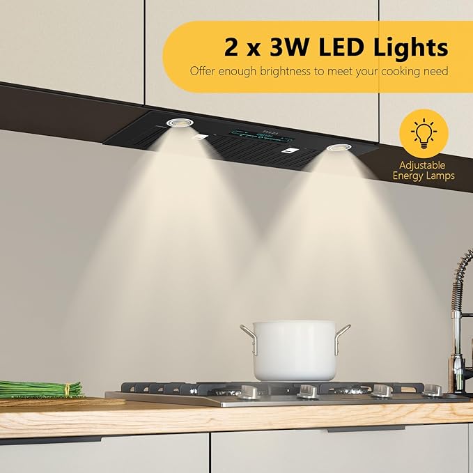 Range Hood Insert 30 Inch, KMB02-30 900 CFM Built-in Range Hood, Stainless Steel Kitchen Vent Hood with 4-Speed,Ducted/Ductless Hood Range with Bright LED Lights, Smart Control Panel, Black