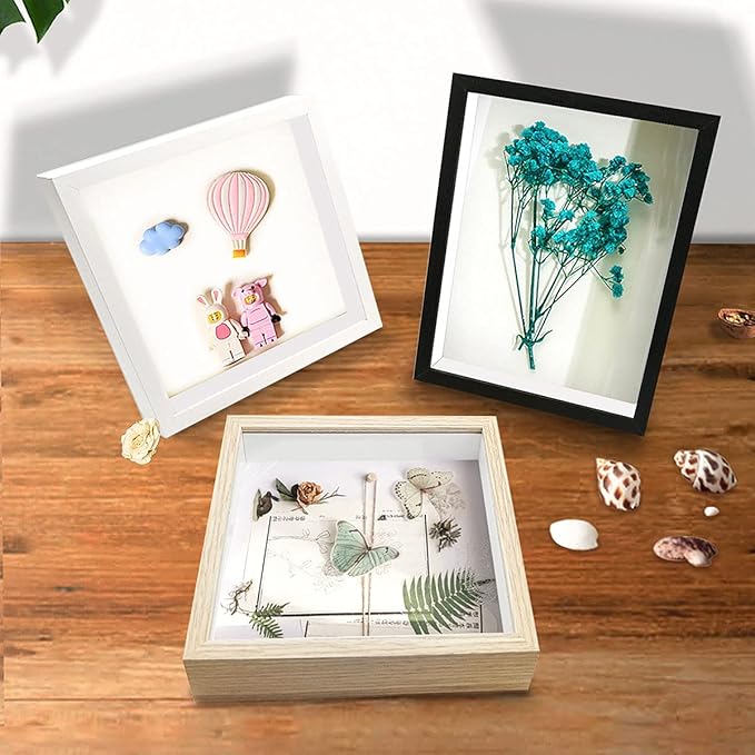 5x5 Small Shadow Box Frame Display Case, Wood with Plexiglass, Display Case Box for Memorabilia, Medal, Crafts,Tickets & Photos, Picture Frame for Wall and Tabletop (2pcs-Black, 5x5)