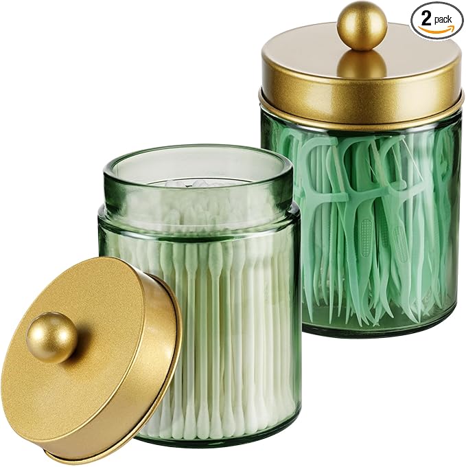 Amolliar Green Glass Apothecary Jar, Qtip Holder Bathroom Decor by Amolliar