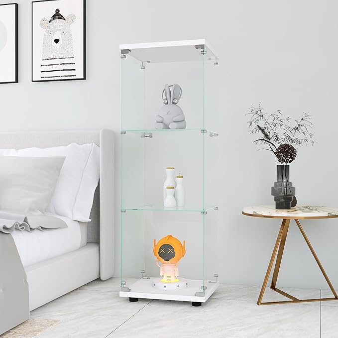 Yoluckea 3 Shelves Glass Display Cabinet with Door,Floor Standing Clear Glass Curio Cabinet Collection Display Case for Living Room Bedroom 49.41”x15.16”x13.58” White (Quick Assembly)