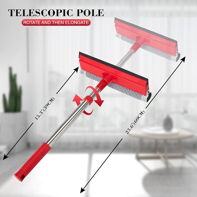 Window Squeegee with 15.7"-27.5" Retractable Stainless Steel Handle, 2-in-1 - Image 2