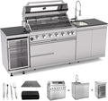 Outdoor Kitchen Island, 95.5 Inch 85000 BTU Gas Grill Combination With Refrigerator and Sink, Outdoor Stainless Steel Barbecue Bar, 6 Burner Propane Grill for Patios, Gardens, Parties