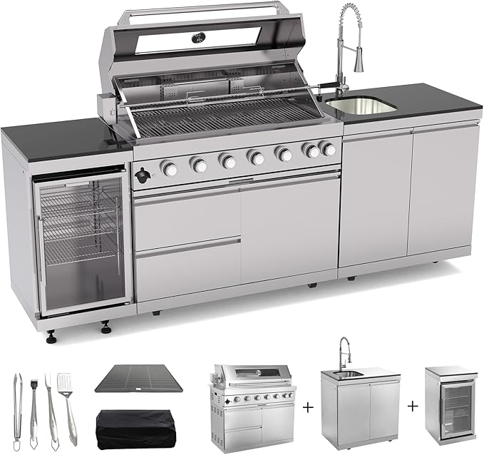 Outdoor Kitchen Island, 96 Inch 6 Burner Gas Grill Combination With Refrigerator and Sink, Outdoor Stainless Steel Barbecue Bar, Natural Gas Barbecue Grill 85000 BTU for Patios, Gardens, Parties