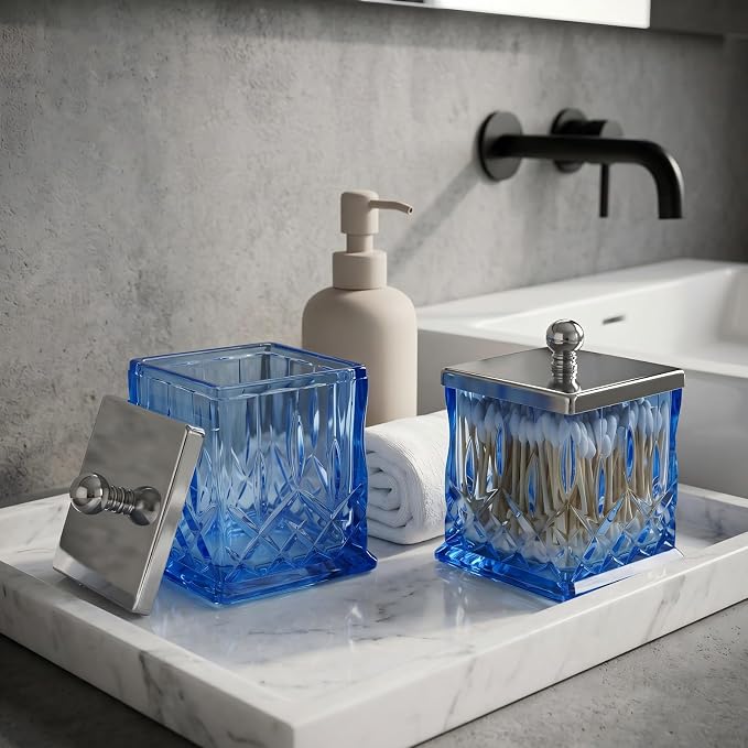 2 Pack 15Oz Blue Q-Tip Holder, Square Thick Glass - Image 2