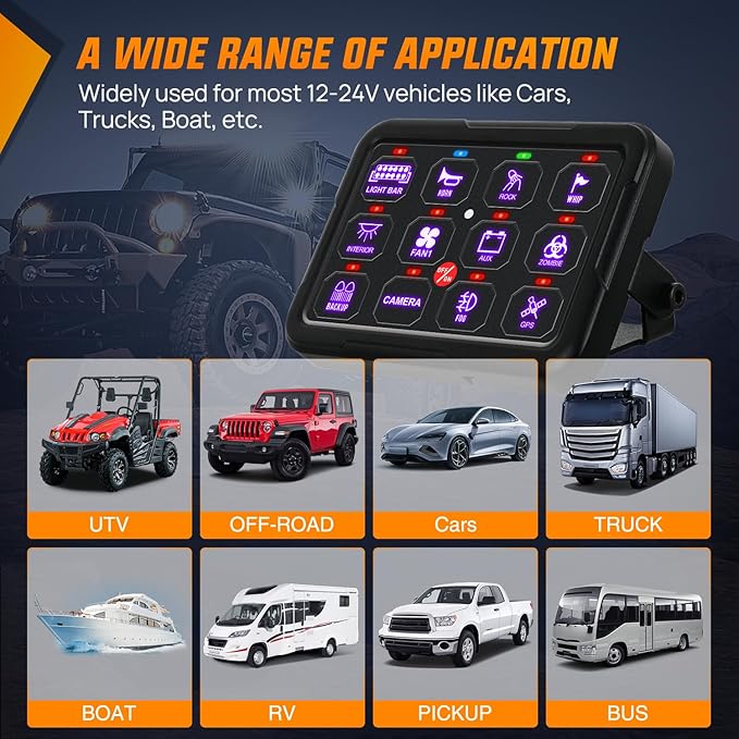 Nilight 12 Gang Switch Panel 12V 24V Universal Circuit Control Relay System with RGB Backlight APP Fuse Wiring Harness Automatic Dimmable ON Off LED Switches Pod for Car Pickup Truck Camper SUV