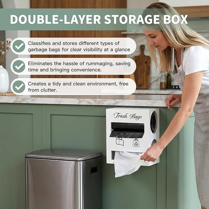 2 in 1 Trash Bag Dispenser, Double Wall Mounted, Wood Trash Bag Holder - Image 6