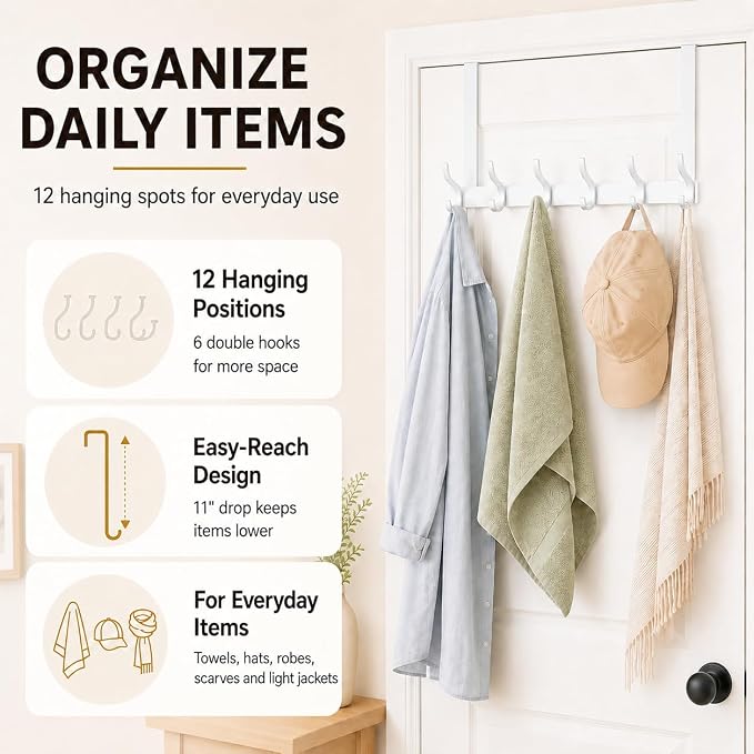 Peasulin Over The Door Hook Rack 11", 2 Pack, Long 6 Double Hooks | 12 Hanging - Image 7