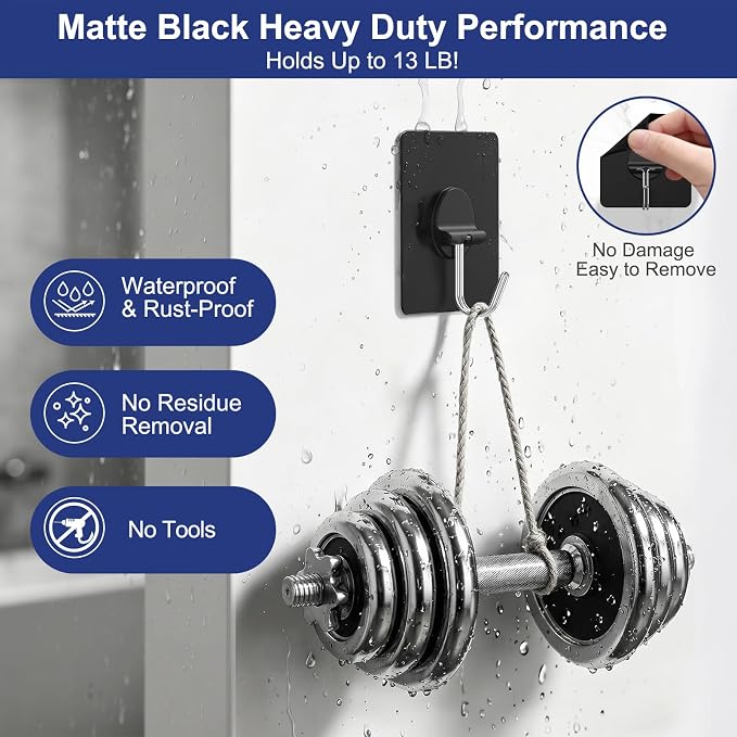 Adhesive Wall Hooks No Drill Black Heavy Duty, 13LB Sticky 12 Pack | Waterproof - Image 2