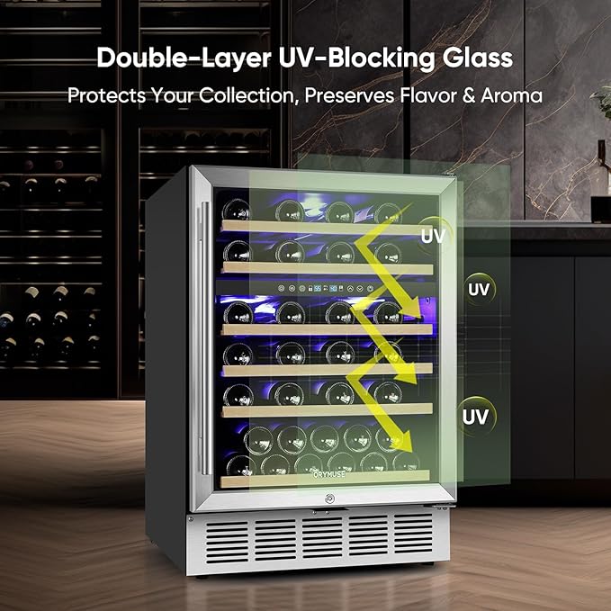24 Inch Wine Cooler Refrigerator, 46 Bottle Dual Zone Wine Fridge with Stainless Steel Glass Door, Adjustable Shelves, Upgraded Compressor, Built-In Freestanding for Home, Bar, Kitchen