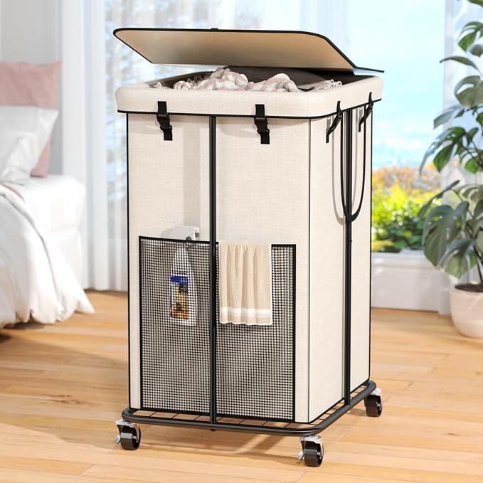 160L Laundry Hamper with Lid & Wheels, Rolling Laundry Basket with Bag by OLLDIDE