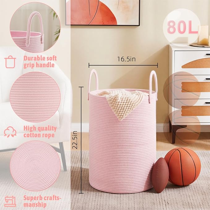 Artfeel Laundry Basket, Woven Cotton Rope Laundry Hamper, 80L - Image 6