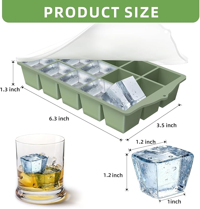 Silicone Ice Cube Tray, 2 Pack Easy-Release Stackable Ice Trays for Freezer with Lid 15 Reusable Cubes, Food Grade BPA Free Ice Molds for Whiskey, Baby Food, Coffee, Cocktail (Grey+Green)