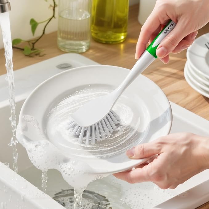Dish Brush with Handle, 2 Pack Kitchen Scrub Brushes with Built-in Scraper - Image 8