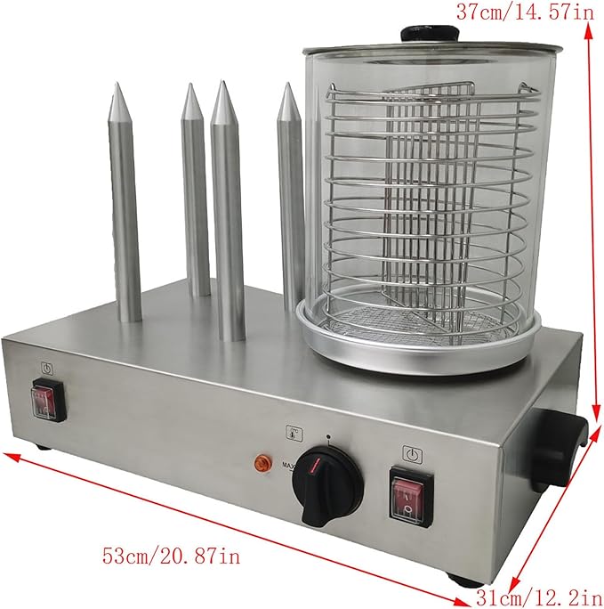 Hot Dog Warmer Steamer Machine Commercial Electric Bun Warmer with 4 Heating Rods Countertop Stainless Steel Sausage Warmer Adjustable Temperature 32℉-185℉ 110V