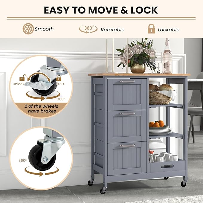 Giantex Kitchen Island Cart on Wheels, Rolling Utility Cart w/Rubber Wood Top, 3 Storage Drawers & 2 Removable Shelves & Removable Tray, Lockable Casters, Serving Cart for Dining Room, Bar, Grey