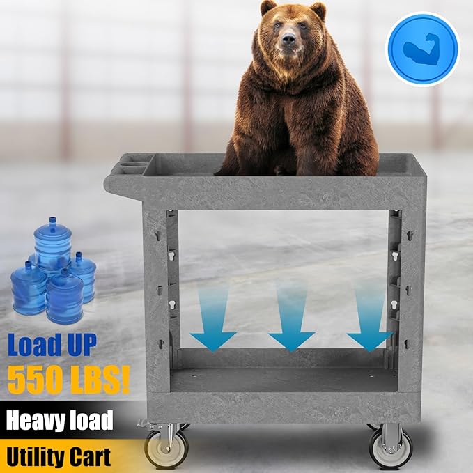 2-Shelf Heavy Duty Utility Cart with Wheels, 34 x 17-Inch Plastic Rolling Tool Cart, 550 lbs Capacity Mechanic Work Cart for Garage,Warehouse,Workshop
