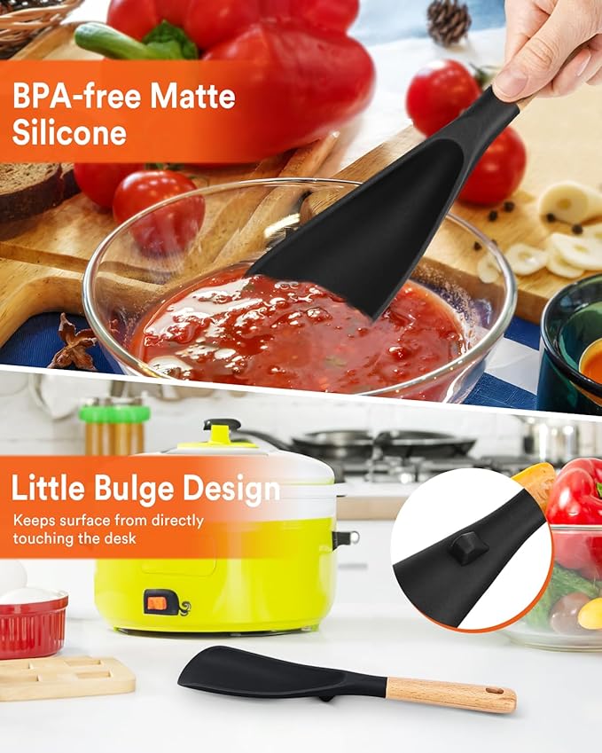 Cooking Spoon for Nonstick Cookwares, Great for Cooking and Serving Sturdy BPA-Free Matte Silicone, Wood Handle Spoon for Mixing, Scoop, and Scrape (BLACK, 11.4 inch)