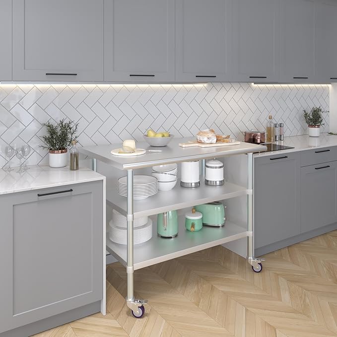 AmGood Stainless Steel Work Table with 2 Shelves and Casters | Metal Utility Table On Wheels (Stainless Steel Work Table with 2 Shelves + Casters, 48" Long x 30" Deep)