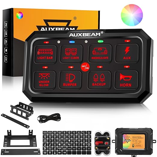Auxbeam 8 Gang Switch Panel RA80 XL RGB 5 Inch Panel, 1" Larger Button Momentary Pulsed Toggle Switch Panel for Offroad SUV ATV UTV Truck Car Marine Boat, 2-Year Warranty