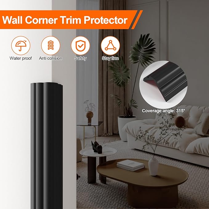 Wall Corner Protector, Peel and Stick Molding Trim Inside & Outside Corner, Self Adhesive Flexible Moulding Caulk Strip for Wall Edge, 1.6'' W x10' L, Black