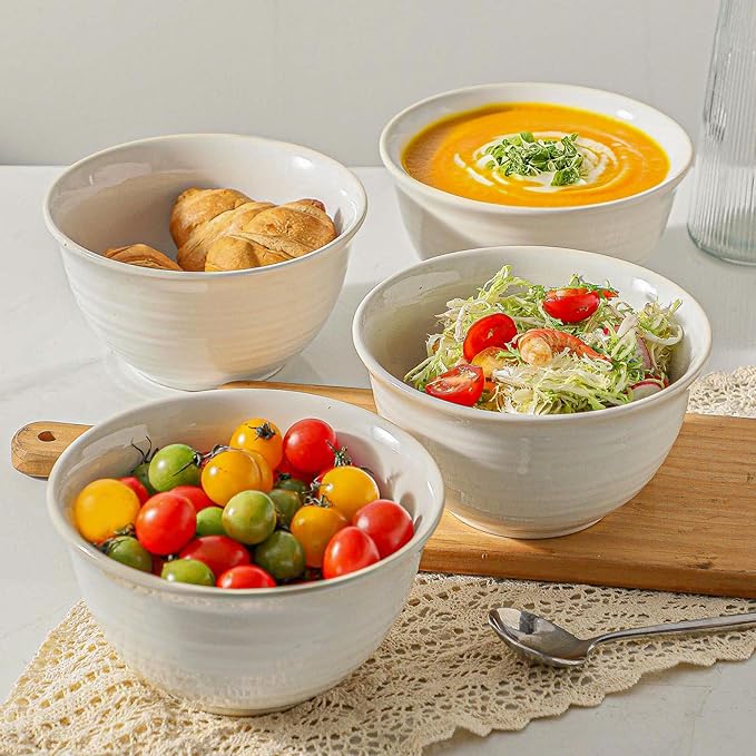 Soup Bowls, 40 Ounce Serving Bowls for Cereal Soup Salad Pasta Popcorn Oatmeal Breakfast, Durable Deep Ceramic Bowl Sets Suit For Housewarming, Microwave Safe & Dishwasher Safe, Arctic white