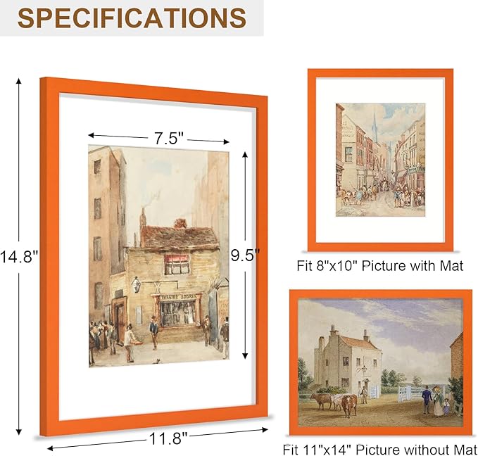 Vittanly 11x14 Picture Frame, Solid Wood Frame with Plexiglass, Includes 8x10 Mat, Wall Hanging for Photos, Home Decor, Orange, 1 Pack