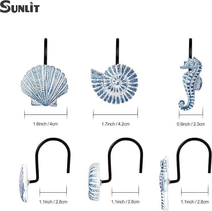 Sunlit Seashells Decorative Shower Curtain Hooks, Sky Blue Ocean Creatures - Image 2