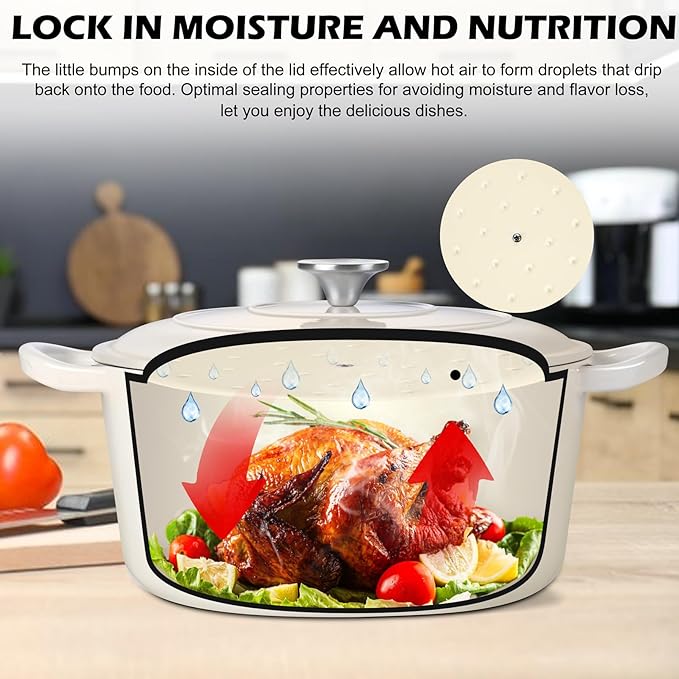 TeamFar 6Qt Dutch Oven, Enameled Cast Iron Dutch Oven Pot with Lid & Dual Handles for Bread Baking, Cooking, Simmer, Non Toxic & Heavy Duty, Oven Safe & Various Stovetops Suitable - Cream White