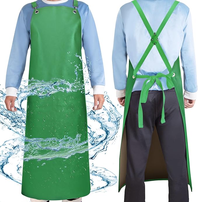 Waterproof Rubber Apron, 43" Anti-Tear Heavy Duty Vinyl Adjustable Thicker Cross Back Dishwasher Apron for Restaurant Dishwashing, Butcher, Lab Work, Dog Grooming Green