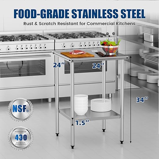 Stainless Steel Work Table 24 x 24 Inch with Adjustable Undershelf, Heavy-Duty Metal Prep Table for Commercial Kitchen & Restaurant, Garage, Outdoor
