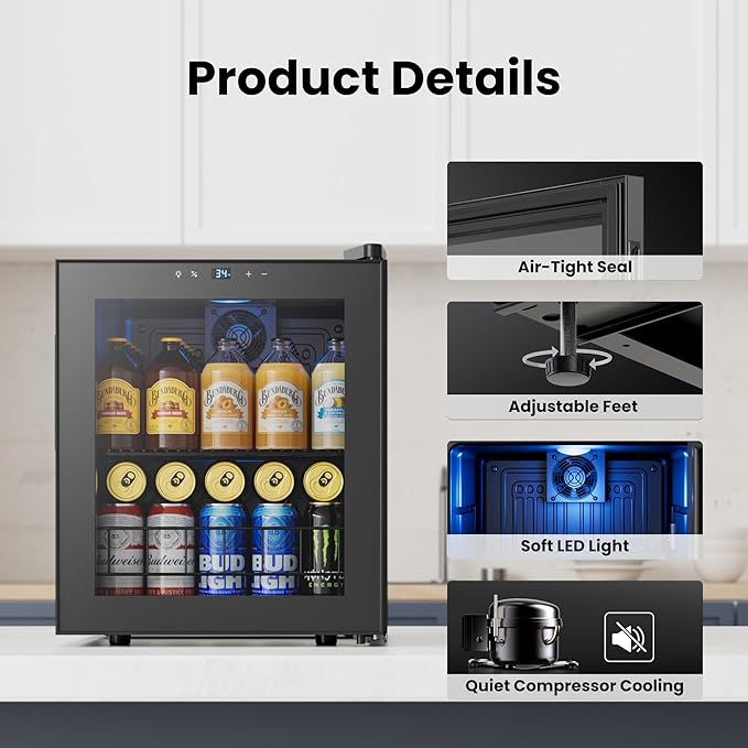 Yeego Beverage Refrigerator Cooler, 65 Cans Drink Mini Fridge with Glass Door for Soda, Beer or Wine, Beverage Cooler with Digital Temperature Control from 34°F to 54°F for Home, Office or Bar (Black)