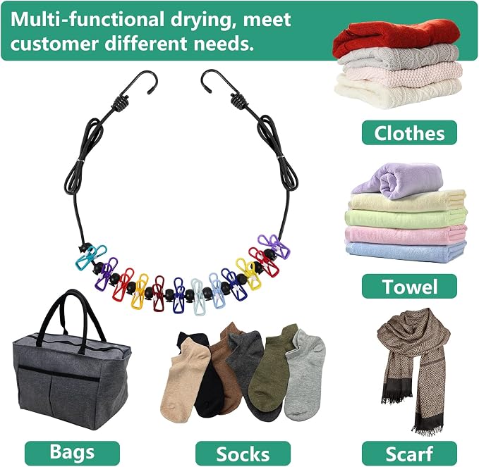 Retractable Travel Clothesline, Portable Clothesline 12 clothespins, Suitable - Image 3
