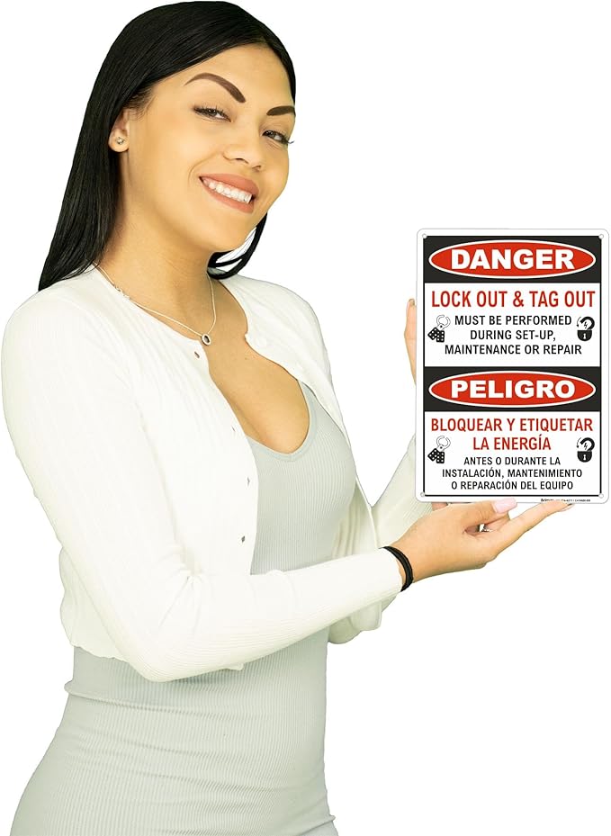 Brimar - 7 x 10" - Bilingual Danger Lock Out & Tag Out Sign - Polyethylene Plastic - High Visibility - Easy Installation