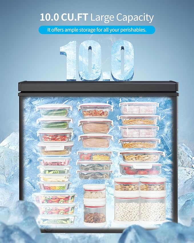 TABU 10 Cubic Feet Chest Deep Freezer, Large Freestanding Chest Freezer with 7 Level Adjustable Temperature& Removable Storage Basket, Top-opening,Energy Saving, Black