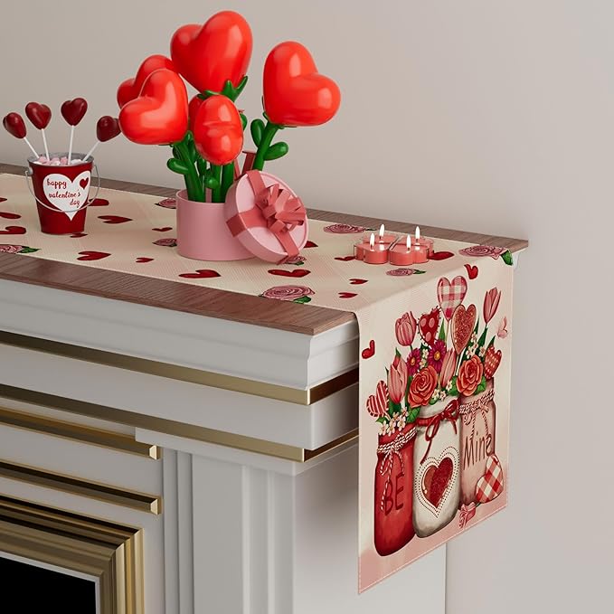 XCHI Roses Flowers Love Hearts Vase Valentine’s Day Table Runner Table Decoration for Party Home Kitchen Dining Dinner Holiday Decor 13x36 Inch