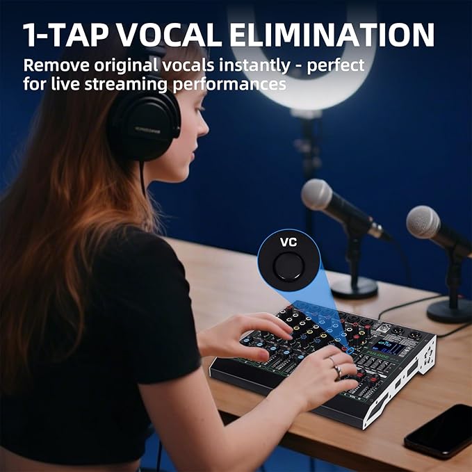Professional DJ Audio Mixer,6 Channel Sound Mixing music Board With 99 DSP Effects,Console System PA Mixer with Bluetooth,w/USB,48V Phantom Power,Vocal Removal for Live Streaming Studio(DT-6)