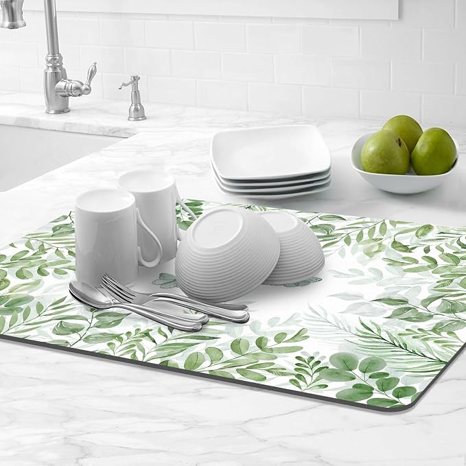 LOKHOM 18"x24" Dish Drying Mat， Green Plant Coffee Mat | Floral Butterfly Prints - Image 9