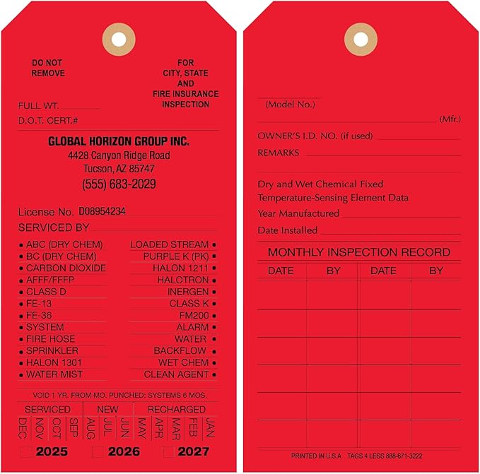 Tags 4 Less Custom Fire Extinguisher Tags – Preventative Maintenance Labels for Monthly Inspections, Alternative to Safety Sticker for Easy Record-Keeping – Pack of 100 (Red, Cardboard)