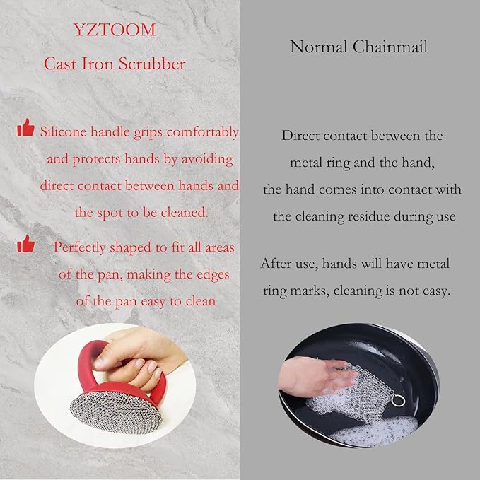 Cast Iron Scrubber, Iron Chainmail Scrubber Skillet Cleaner with Silicone Handle, Stainless Steel Chain Mail Scrubber for Cast Iron Skillets