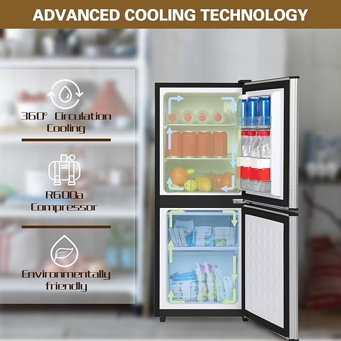 Compact Refrigerator with Freezer 4.2 Cu. Ft. 2-Door Dorm Fridge with Adjustable 7-Level Thermostat, Small Refrigerator with Freezer for Home, RV, College Dorm, Apartment, Office, Silver