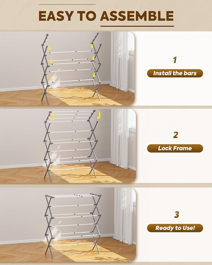 KINGBOARD 3-Tier Extendable Clothes Drying Rack, Space-Saving Collapsible - Image 5