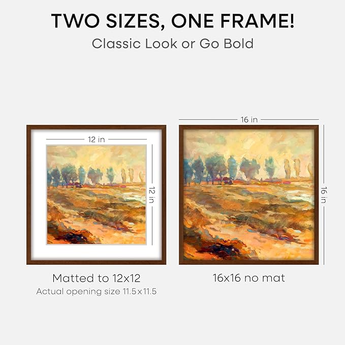 Homeforia 16x16 Brown Picture Frame, High End Dark Oak 16 x 16 Square Wood Frame with Mat 12 x 12 for Photo, 16by16 Wooden Walnut Poster Frame Matted to 12x12 Print, Tempered Glass, Wall Kit, Set of 3