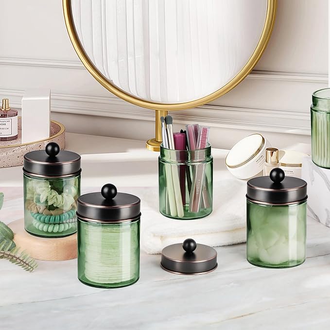Amolliar Green Glass Qtip Holder Apothecary Jar, Bathroom Decor, ORB 1 Pack - Image 5