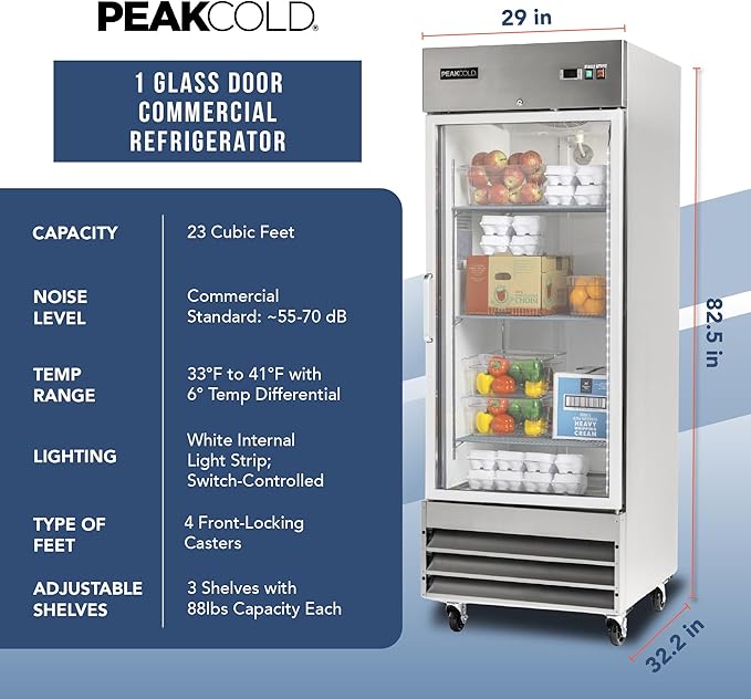 PEAKCOLD Single Glass Door Commercial Refrigerator - 23 Cubic Ft, 29" Wide Stainless Steel Reach-In Commercial Refrigerator with White Internal Lighting - Freestanding Industrial Fridge