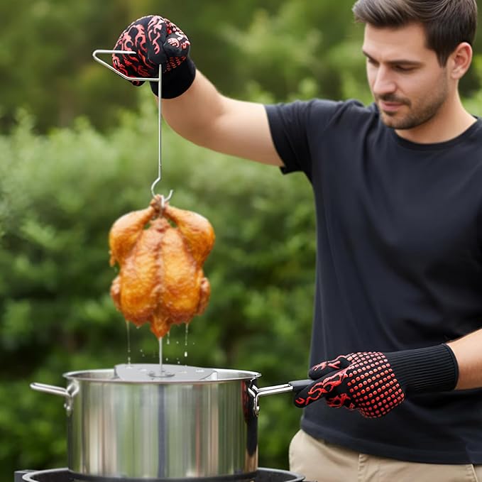 Deluxe Stainless Steel Turkey Fryer Accessories Kit – Turkey Deep Fryer Stand with Lifting Hook, Thermometer, Injector, & Heat-Resistant BBQ Gloves for Outdoor Cooking