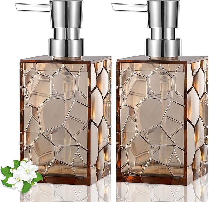 Acrylic Pump Bottle Refillable Soap Dispenser 10oz 2 Pack Light Brown | BPA-Free by JiatuA
