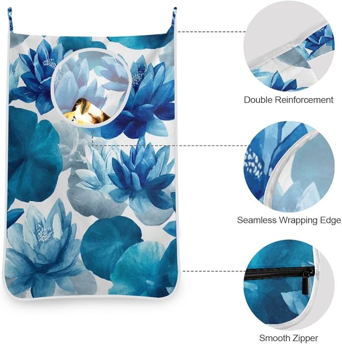 Ink Blue Lotus Flower Hanging Laundry Hamper Door Hampers Bag Basket - Image 5