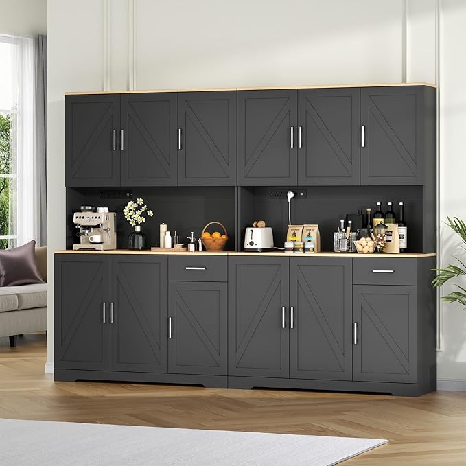 71" Tall Kitchen Pantry Storage Cabinet with Charging Station,Farmhouse Buffet Cabinet with Microwave Shelf,Large Kitchen Hutch Cabinet Doors & Drawer,Food Pantry for Dining Room,Living Room (Black)