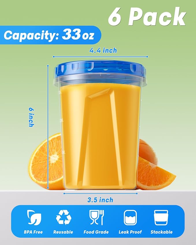 BiuLeon 6 Pack-33oz Freezer Storage Containers, Plastic Food Storage Containers - Image 2